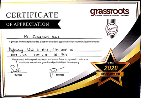 Simarjeet Kaur Success Stories Certificate